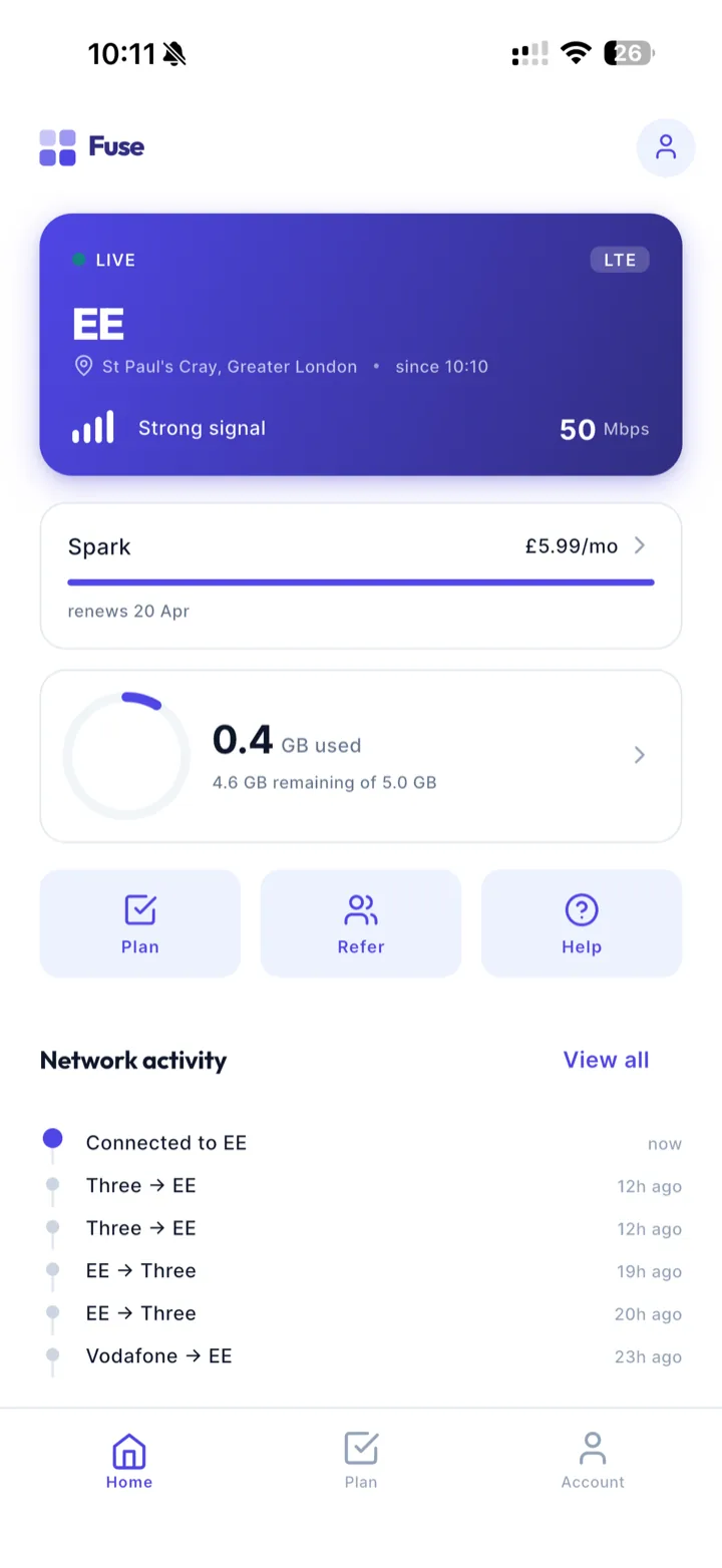 Fuse app — home dashboard showing live connection to EE on a strong signal